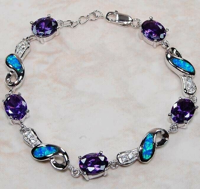 Amethyst & Australian Opal Inlay 925 Sterling Silver Tennis Bracelet