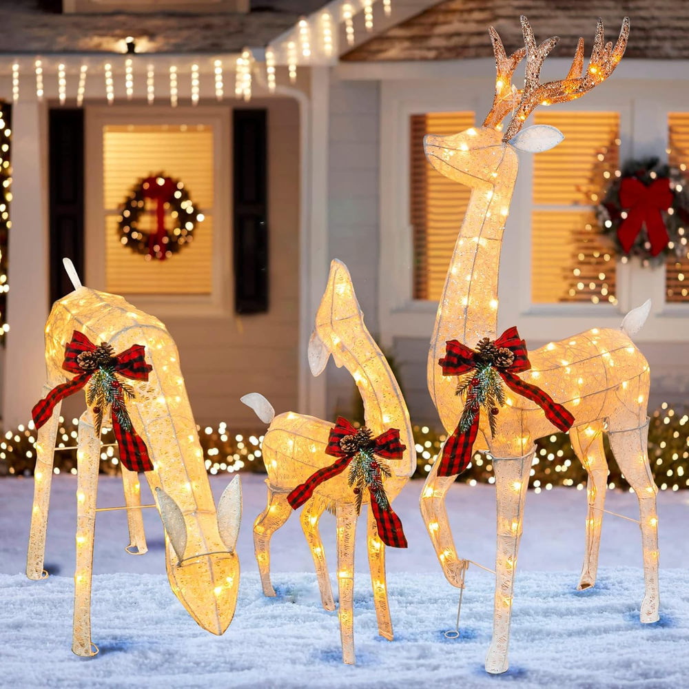 3 Piece Pre-Lit Christmas Deer Family Set Outdoor Yard Decorations with Lights