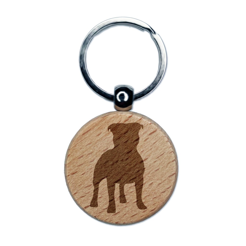 Staffordshire Bull Terrier Dog Solid Engraved Wood Round Keychain Tag Charm