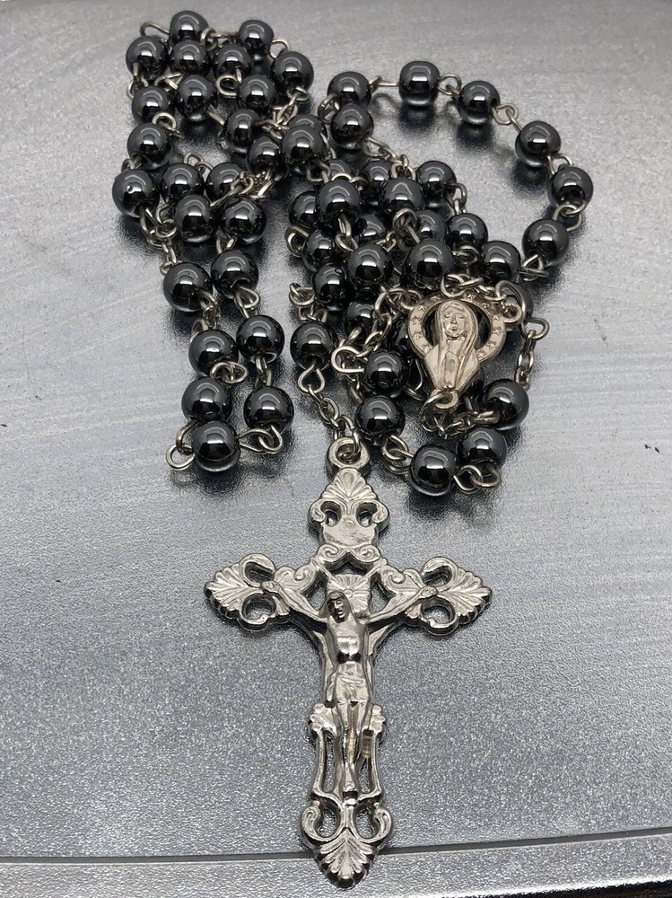 Unique BLACK  24” Rosary Papal Cross Onyx Gemstones Católico Rosario  Masculino-image