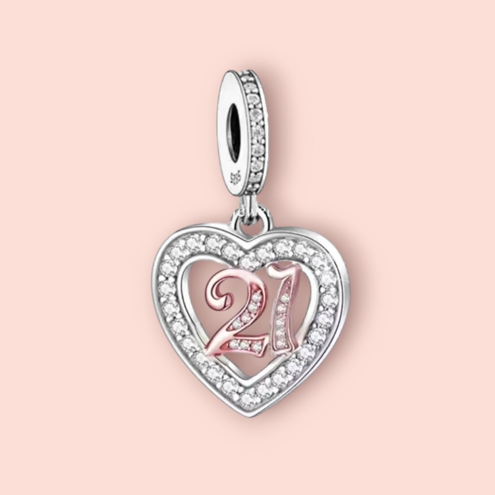 Sterling Silver 925 & Crystal 21st Birthday Dangle Heart European Charm Pendant