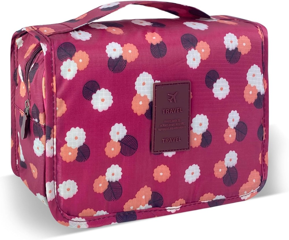 Large Hanging Toiletry Bag for Men with C-Red Flower Design