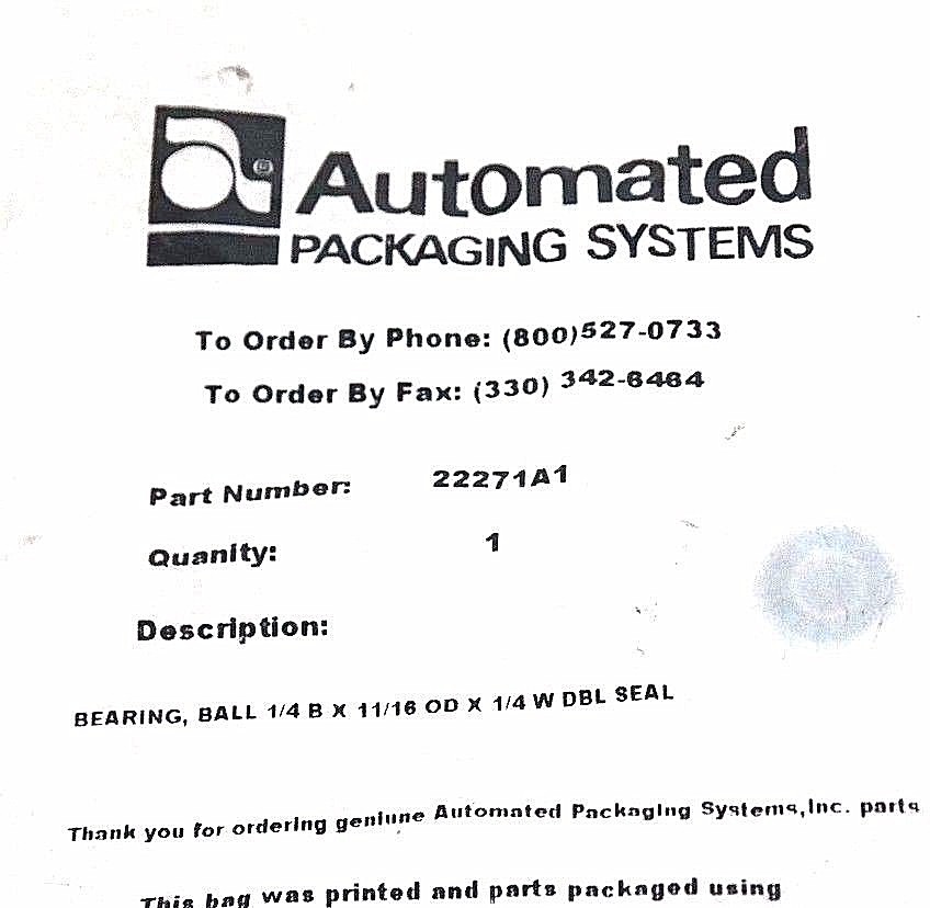NEW AUTOMATED PACKAGING 22271A1 BALL BEARING 1/4 B X 11/16 OD X 1/4 W DBL SEAL-image