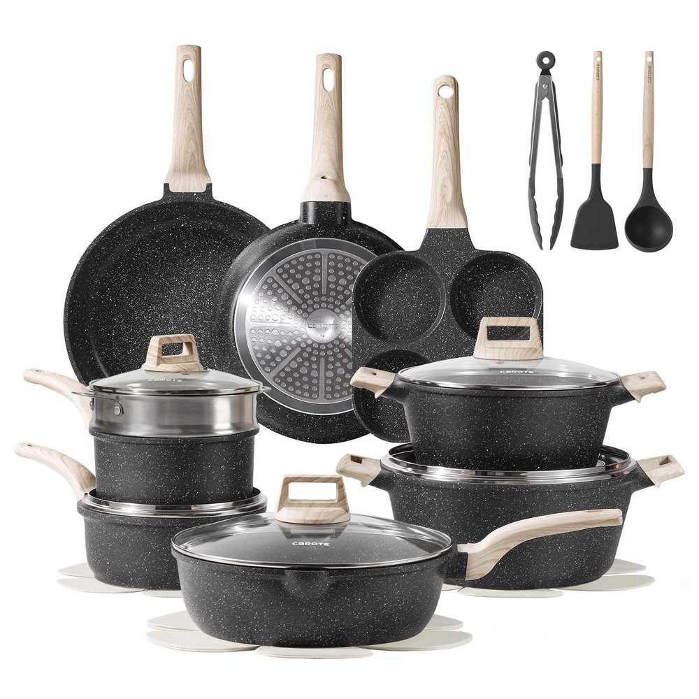 21-Piece Nonstick Pots and Pans Set - Black Granite Induction Cookware Kitchen Kit