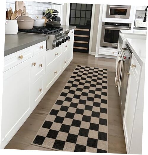 Black & White Checkered Jute Runner Rug 2x6 Washable Modern Floor Mat
