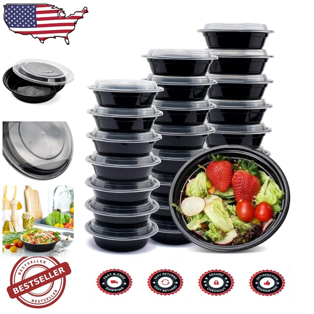 48oz Black Food Storage Containers 50-Pack Microwave and Freezer Safe Set