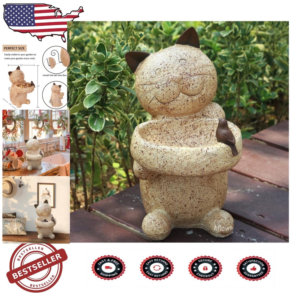 Hand-Painted 12 Inch Resin Cat Sculpture with Bird Feeder Tray