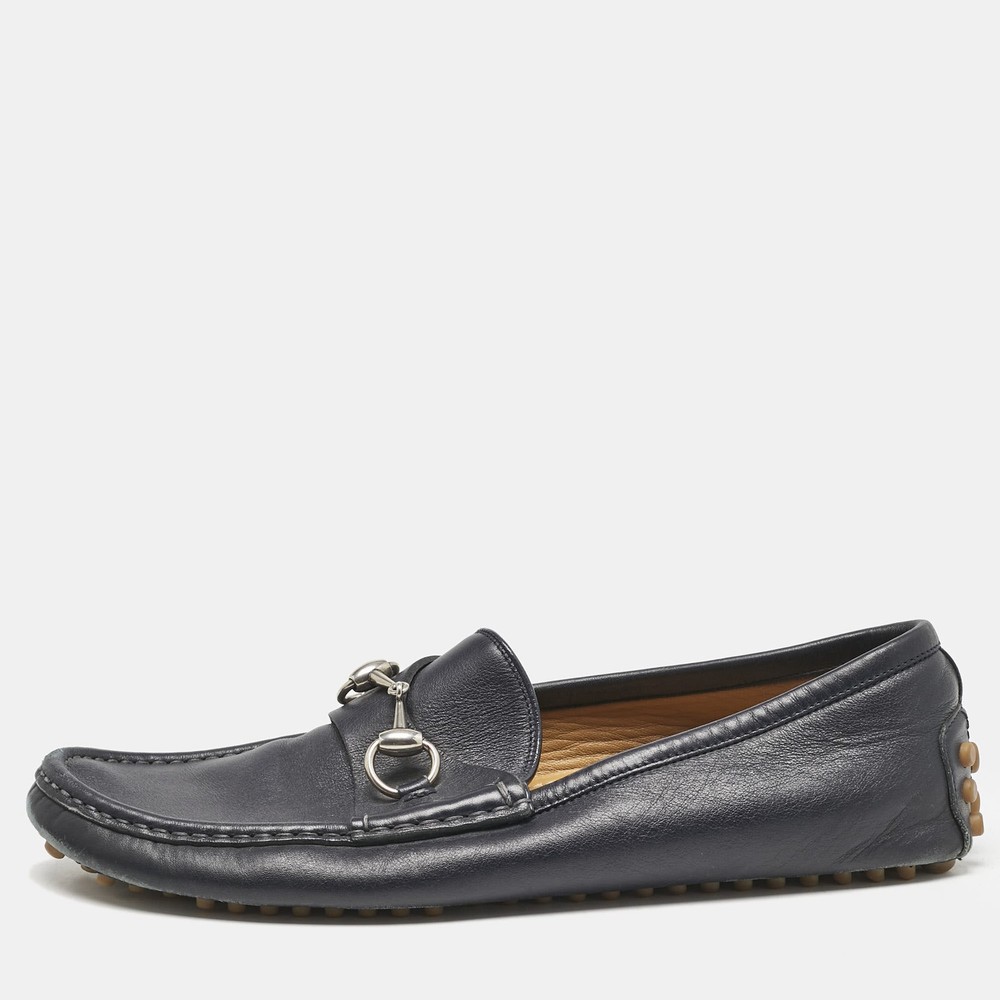 Gucci Navy Blue Leather Web Horsebit Loafers Size 42.5