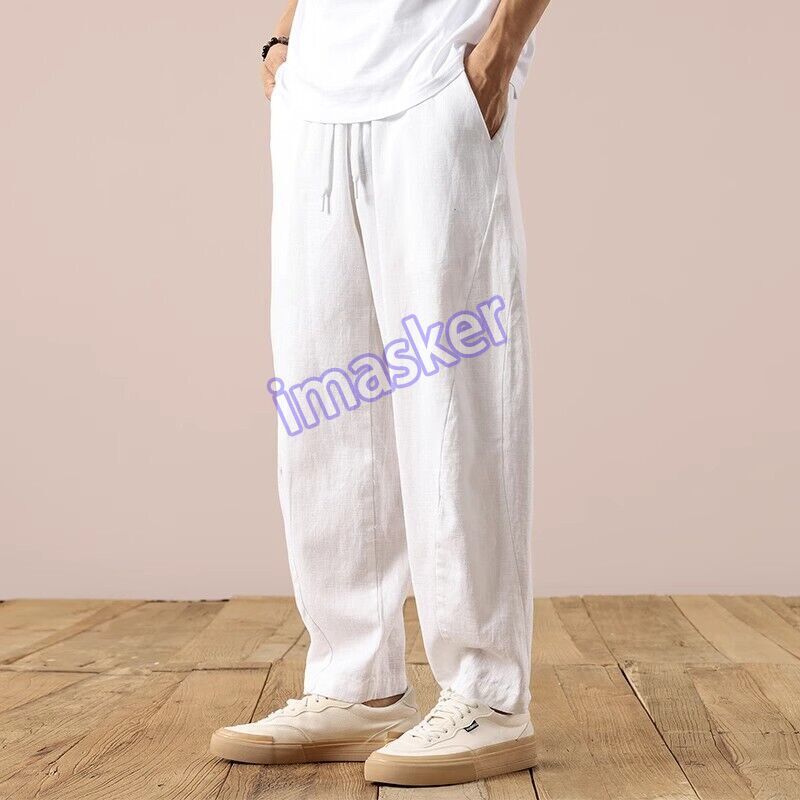 Men Silk Linen Casual Pants Summer Breathable Cotton and Linen Straight Trouser