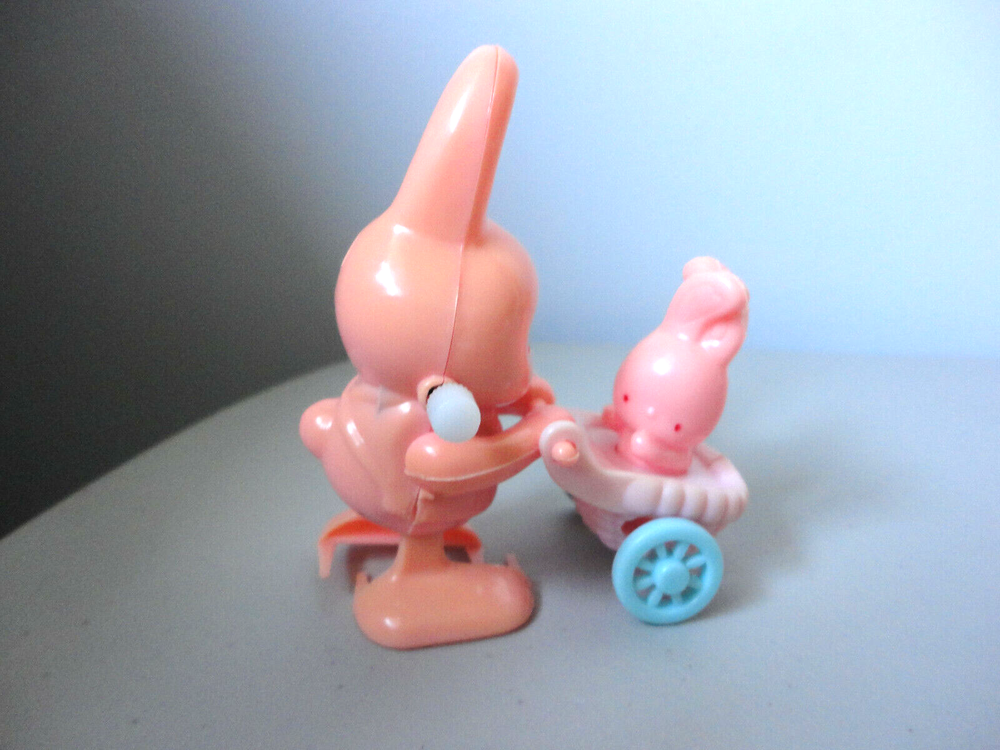 Vintage Easter Bunny Rabbit Mom with Baby Carriage Windup Walker Toy Taiwan