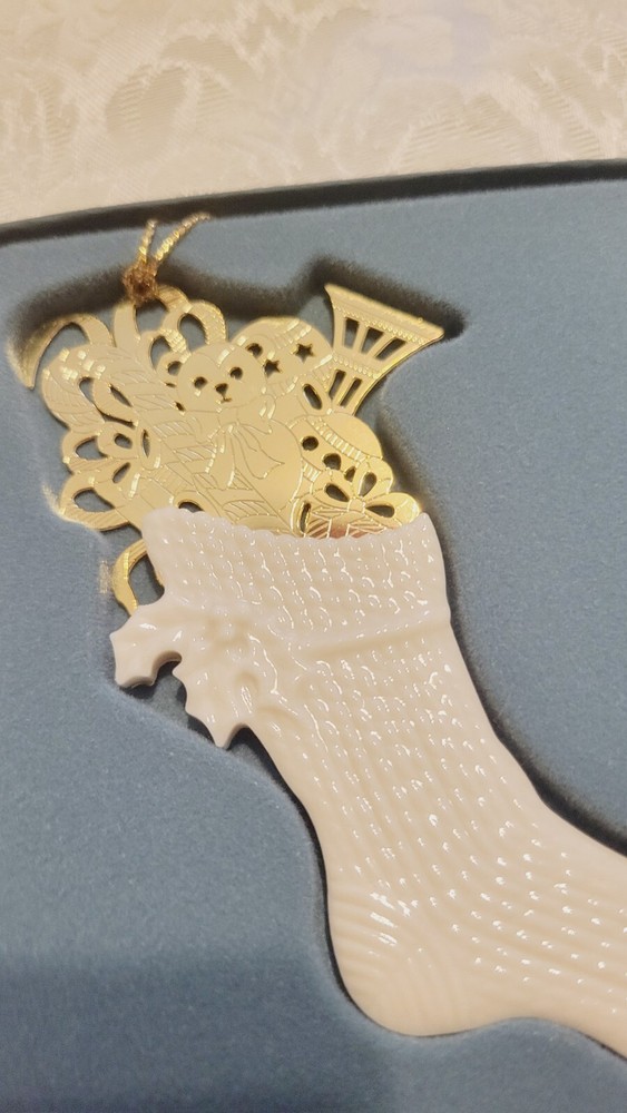 Vintage LENOX Ivory & Gold Christmas Stocking Ornament with Box NWT NIB