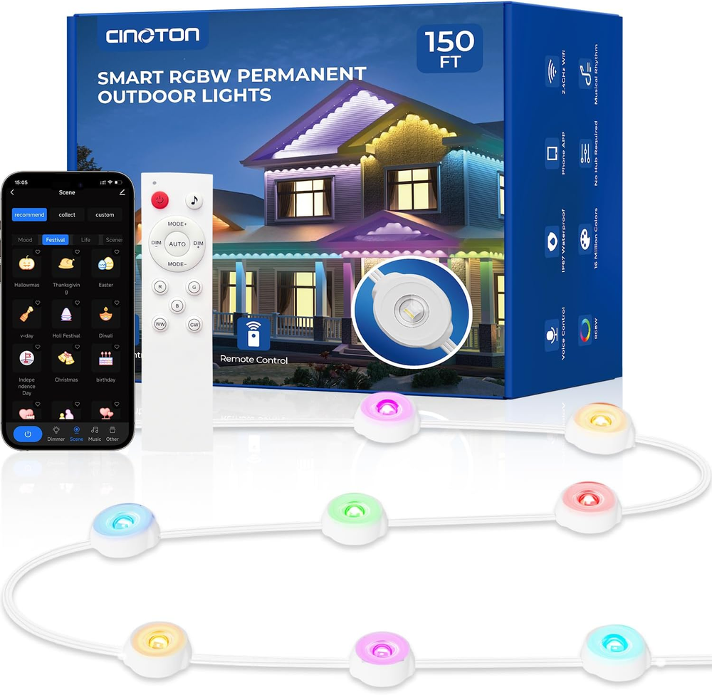 CINOTON Permanent Outdoor Lights 150Ft, Smart RGBW Eaves Lights with 108 Leds, I
