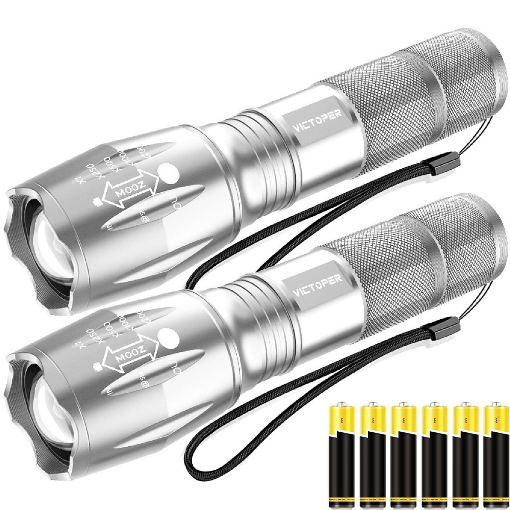 2 Pack Silver 2000 Lumens Tactical LED Flashlight High Brightness
