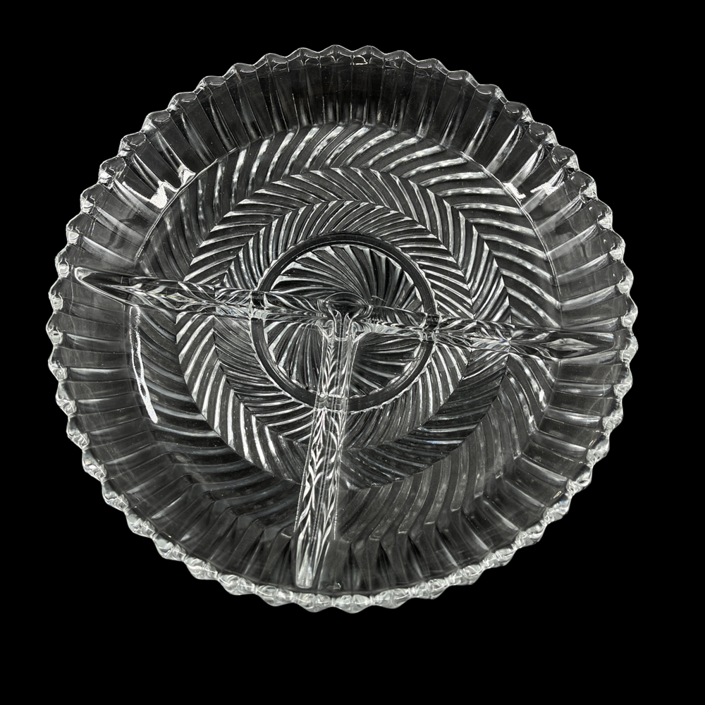 Vintage Libbey Glass Clear Ribbed Swirl Pattern 3 Part Relish Serving Dish