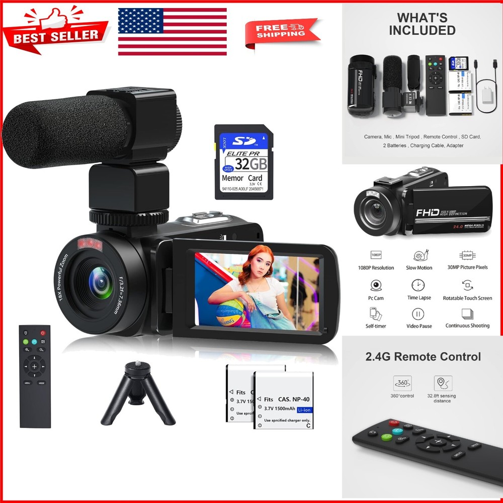 1080P Vlogging Camera with Remote, 32GB SD Card, All-in-One Kit