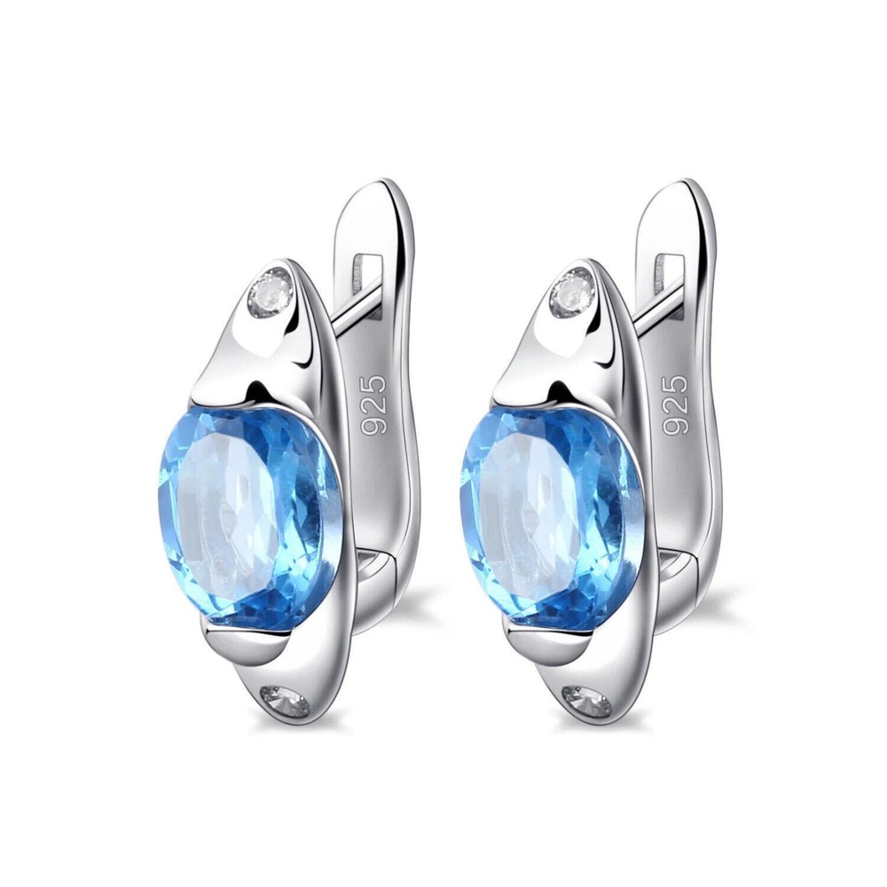 Natural Swiss Blue Topaz Gemstone 925 Sterling Silver Stud Earrings for Women