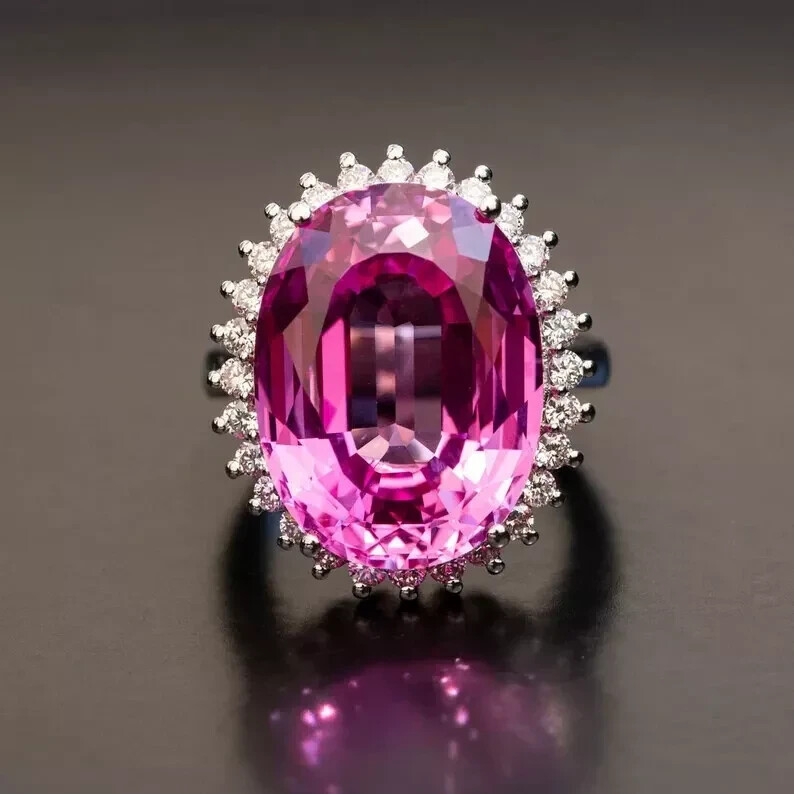 7.90 Ct Natural Pink Sapphire Diamond Wedding Ring 14K Solid White Gold Size 7 6