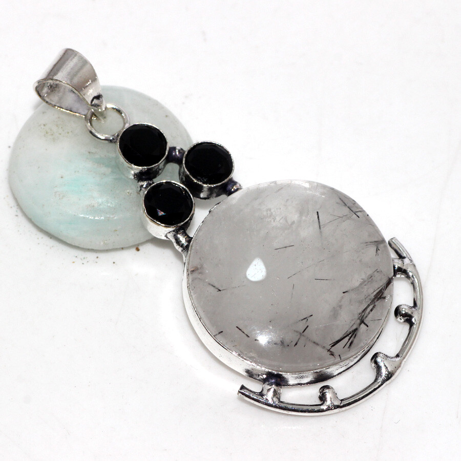 Natural Black Rutile Black Onyx 925 Silver Plated Long Pendant 2.3
