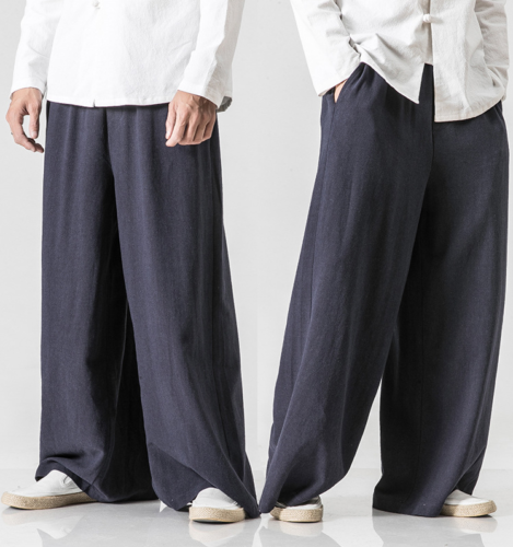 Men Cotton Linen Pants Chinese Tang Suit Loose Kung Fu Tai Chi Wide Leg Trousers