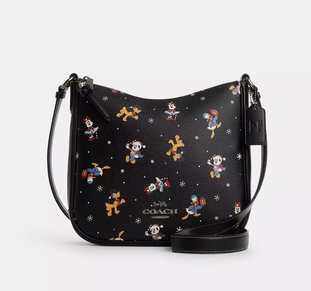 Coach Disney Mickey Mouse Ellie File Bag with Holiday Print Black Brand New
