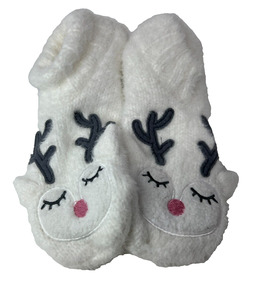 NWT Fuzzy Babba Women's Sock Size 9-11 White Faux Fur Reindeer Slippers Non Slip