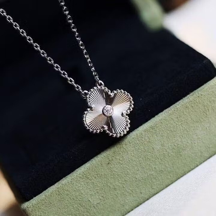 Vintage Alhambra Clover 1 Motif Diamond Necklace in Silver & Gold by VC Arpels  