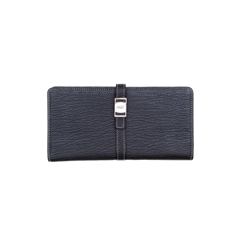 Salvatore Ferragamo Black Leather Gancini Buckle Continental Long Wallet
