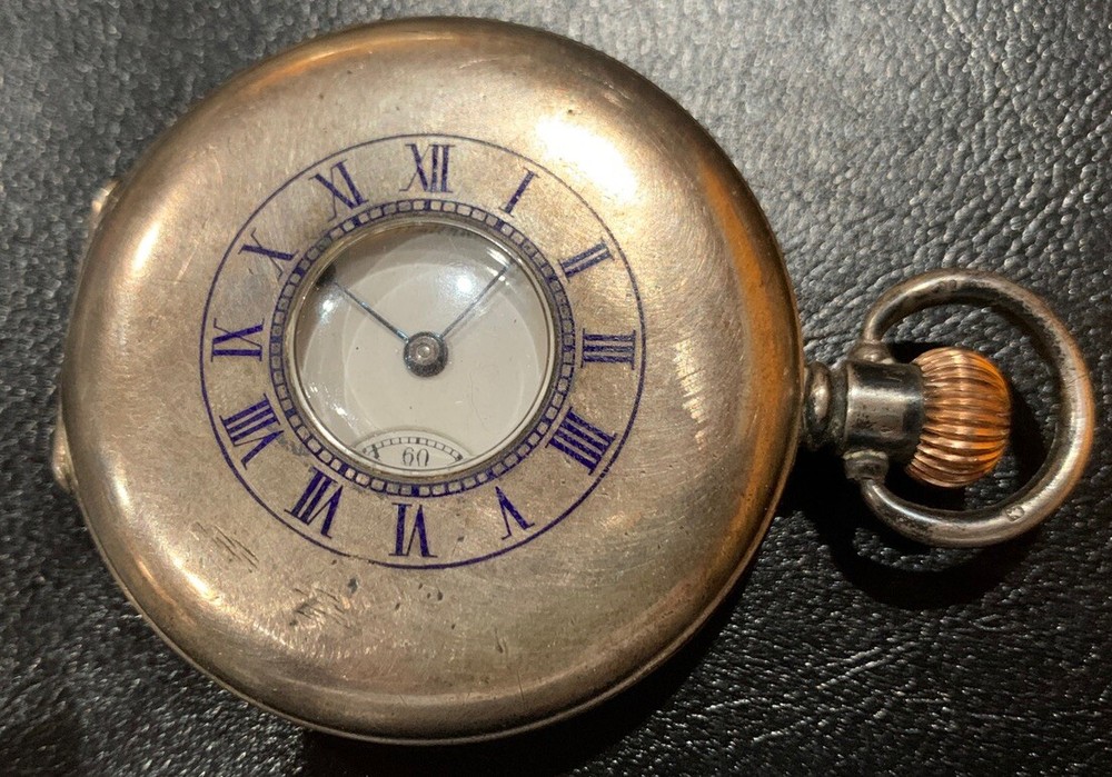 Waltham-Half Hunter Enameled Numbers Solid 925 Silver Dennison Case. Running