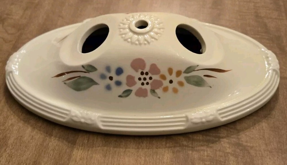 Vintage Ceramic Two Socket Oval Flush Mount Ceiling Light Fixture Floral Art Dec