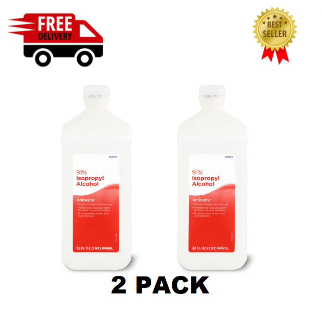 2 Pack Antiseptic 91% Isopropyl Rubbing Alcohol Antibacterial 32 Oz