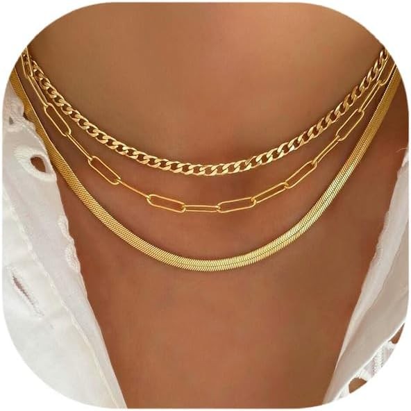 Gold Layered Necklaces for Women 14K Dainty Herringbone Choker Set