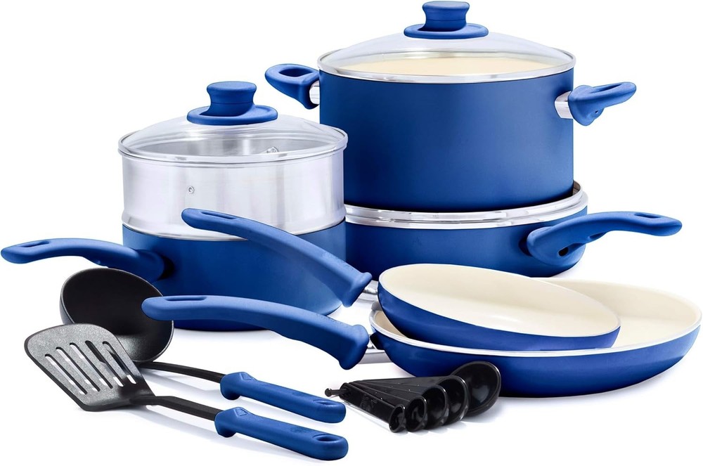 GreenLife Soft Grip Healthy Ceramic Nonstick 12 12 Piece Cookware Set, Blue