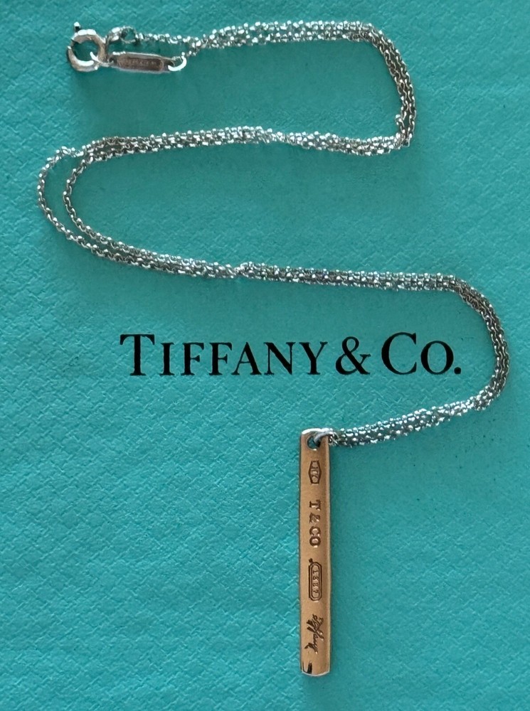 Tiffany & Co 1837 Bar Pendant Necklace in Sterling Silver 925 with Rubedo Metal