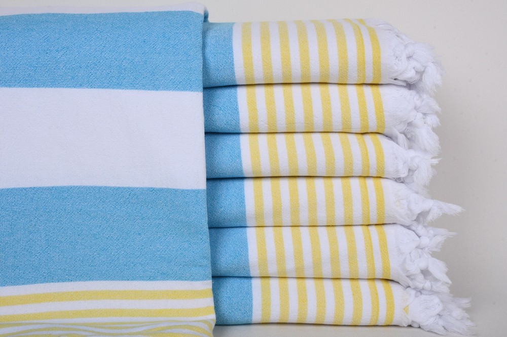 Turkish Towel Beach, Turquoise-Yellow Towel, 36x67 Inches, Striped,Terry Towel