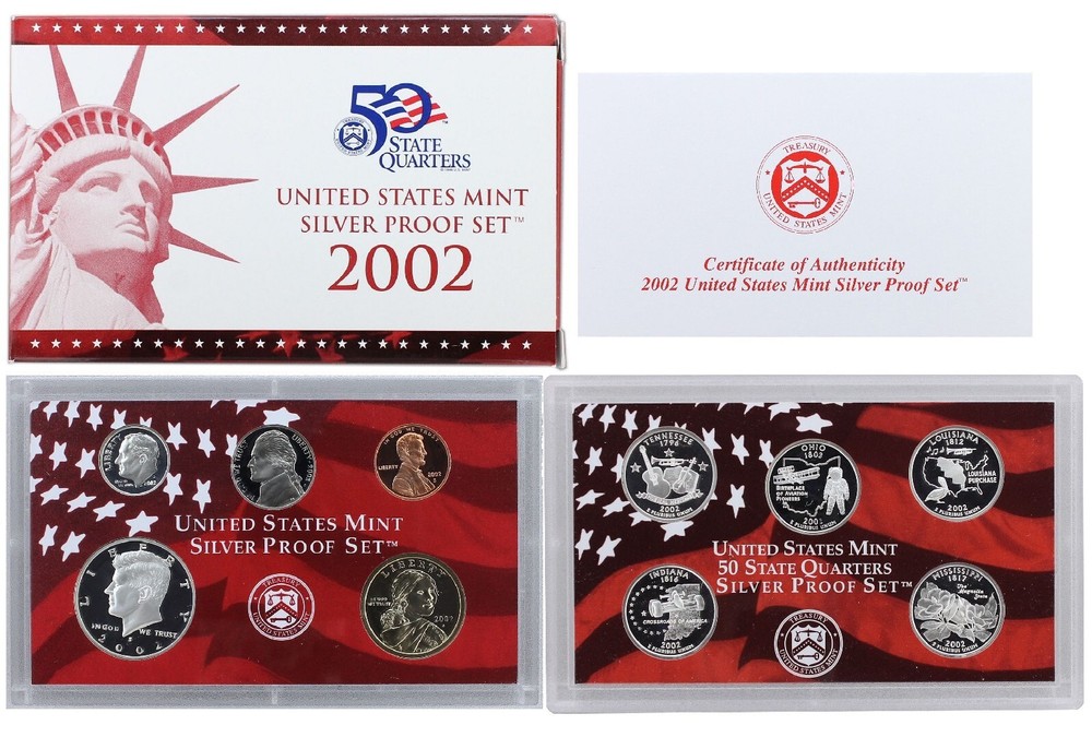 2002 United States Mint Silver Proof Set - 10 Coins - COA & OGP  90% Silver