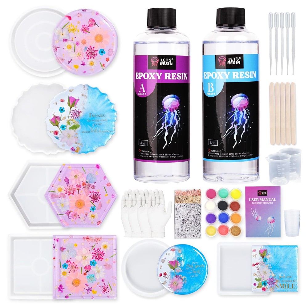 16oz Epoxy Resin Craft Kit with Molds and Mica Powder for DIY Art Projects