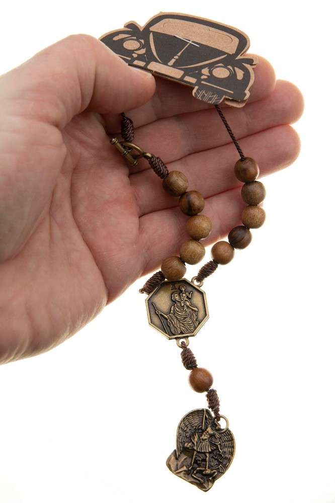 Car Rearview Mirror Rosary Brown Wood Beads Cord St Michael St Christoper