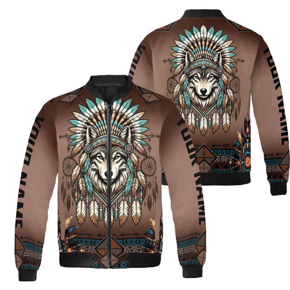 Custom Native American Wolf Bomber Jacket Personalized Design-image