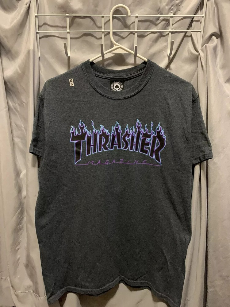 Thrasher Shirt Adult Medium Grey Blue Short Sleeve Fire Spell Out Skateboard Men