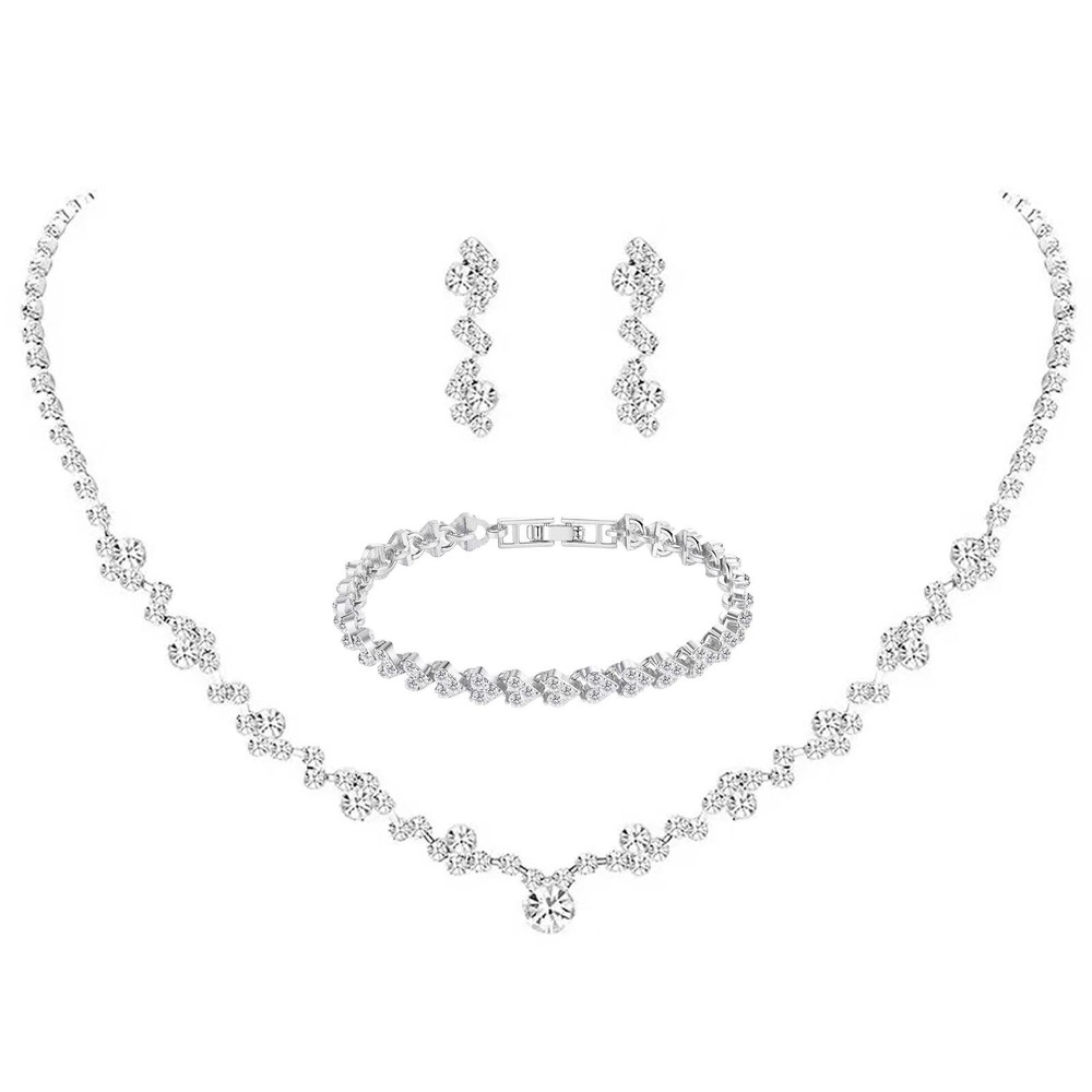 Crystal Wedding Jewelry Set, Silver Necklace Earrings Bracelet Crystal Bridal...