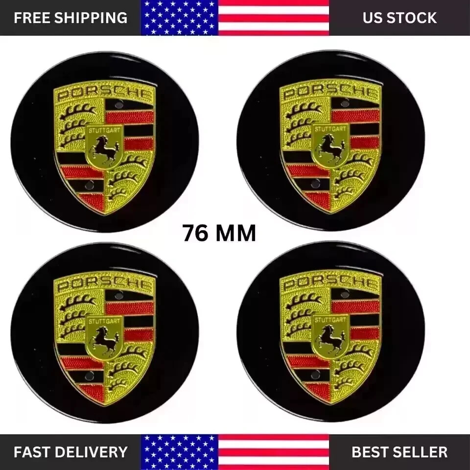 Porsche center cap 76 mm black Gloss 911 Macan Cayenne 4 pack
