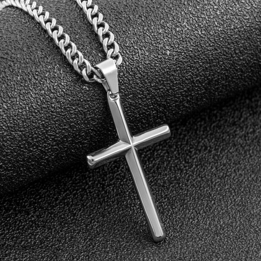 Men’s Women’s Small Silver Cross Pendant Necklace with Stainless Steel Cuban Chain