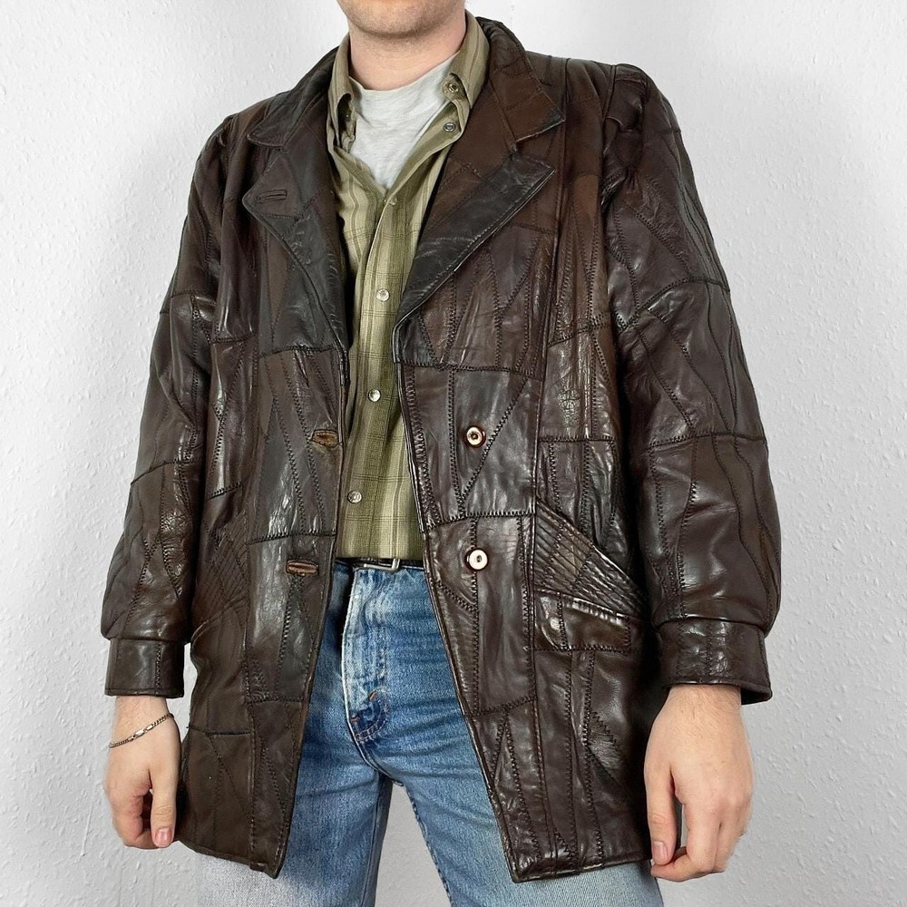 Vintage Real Leather Patchwork Jacket Funky Retro Winter Coat Boho Grunge 90s