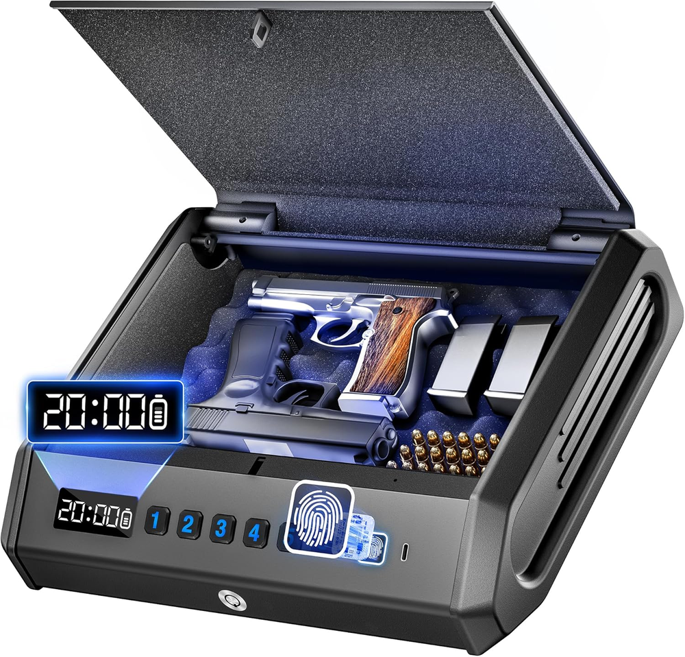 Biometric Gun Safe - 4 Pistols, Fingerprint Lock, Silent Mode, Internal Light-image
