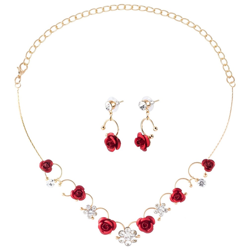 PAGOW Red Flower Necklace for Women, Rhinestone Red Rose Hair Accessories Bri...