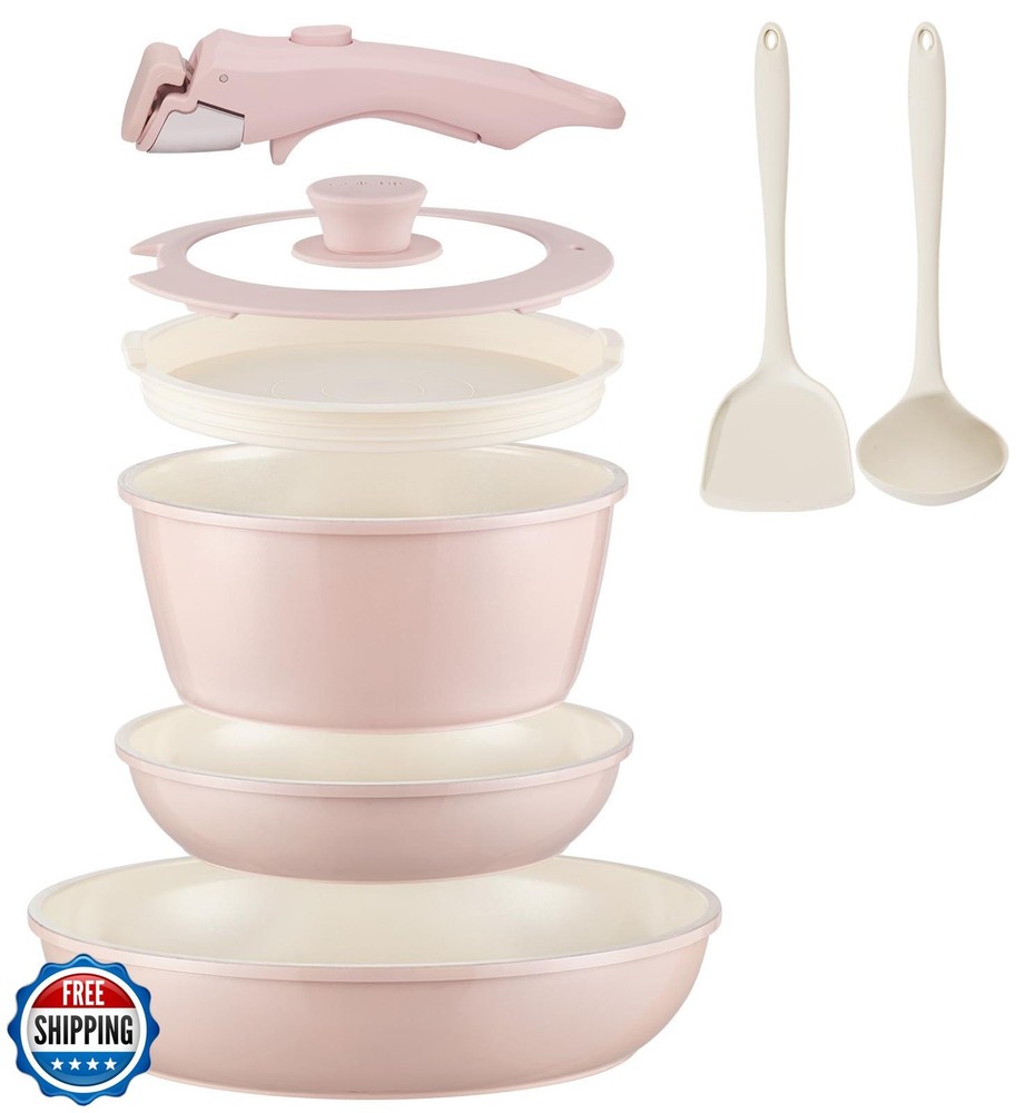 Non Stick Ceramic Cookware Set 8Pcs with Detachable Induction Handle