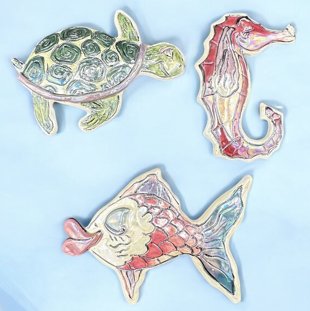 Blue Sky Clayworks Sea Life Set Kissing Fish Seahorse Turtle Nautical Beach Wall