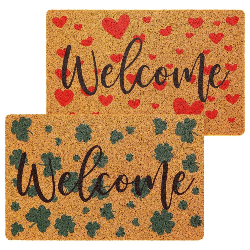 2 Pcs Welcome Doormat Set Shamrock Hearts Imitation Coconut Coir Door Mat Val...