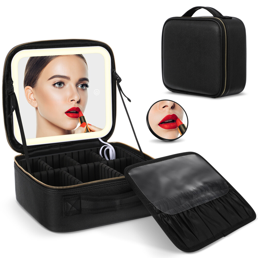Portable Travel Makeup Case with LED Mirror & Organizer