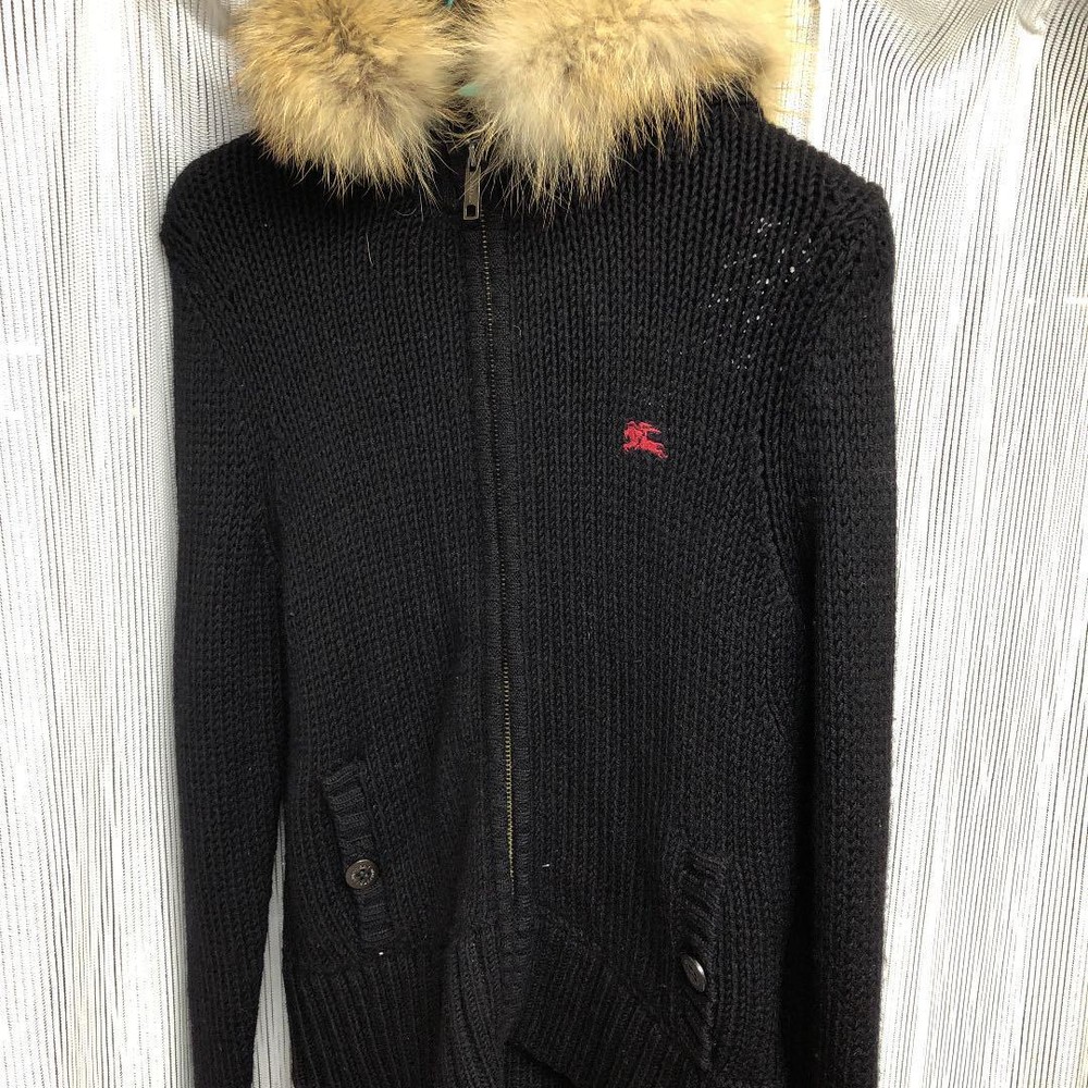 Burberry Black Cardigan Hoodie Zip-Up with Removable Real Fur, Long Sleeve